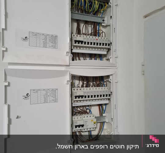 לוח חשמל פתוח עם חוטים ומפסקים